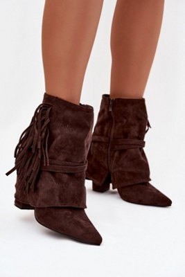 Fringe Strap Ankle Boots Pointed Toe Suede Gold Buckle Heel from B&Q
