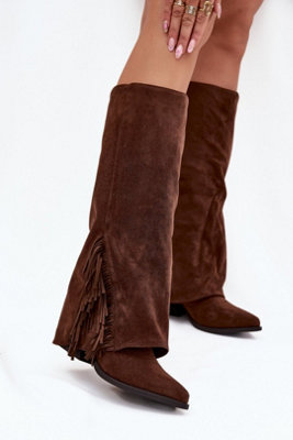 Boho Cowboy Slip On Block Heel Boots With Fringe Pointed Toes from B&Q