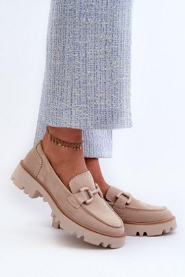 Natural Suede Loafers With Decorative Front Flat Heel Slip On from B&Q