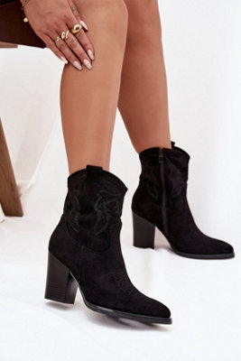 Cowboy Ankle Boots Suede Column Heel Pointed Toe Zipper from B&Q