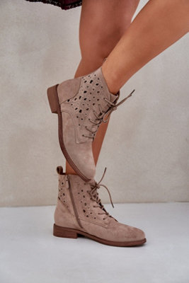 Faux Suede Openwork Lace Up Zip Ankle Boots With Flat Heel from B&Q