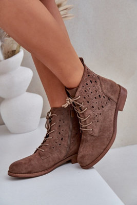 Ankle Boots Flat Heel Lace Up Zip Openwork Suede Daywear from B&Q