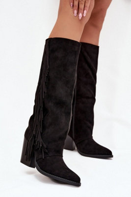 Faux Suede Cowboy Heel Boots With Side Fringe And Zip Closure from B&Q
