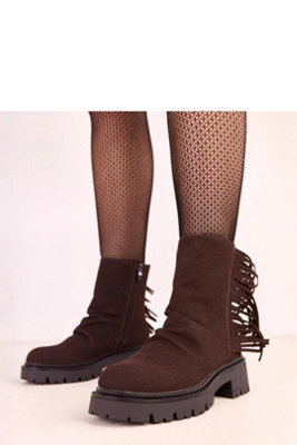 Faux Suede Ankle Boots With Thick Sole And Fringe Detail