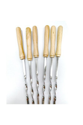  - Twisted Metal Bbq Kebab Skewer Sticks 6 Pack 46Cm Wood Handle
