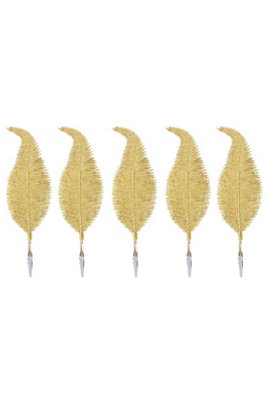  - 6 Pack Clip On Feather Glitter Baubles Tree Ornaments Gold