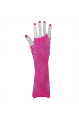 Neon Hot Pink 80S Style Long Fingerless Fishnet Gloves Acrylic from B&Q