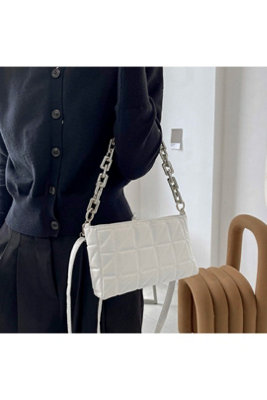 White Pu Quilted Thick Chain Crossbody Shoulder Bag Handbag from B&Q
