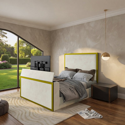  - Adsborough Upholstered Electric Media Gold & Cream White Tv Bed Frame