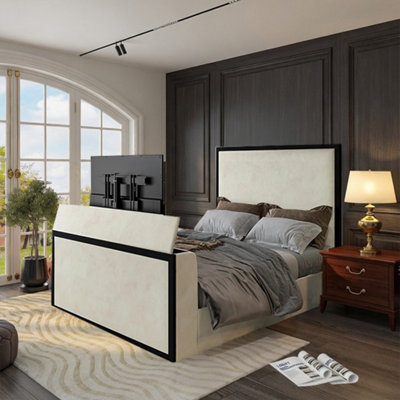  - Adsborough Upholstered Electric Media Black & Cream White Tv Bed Frame