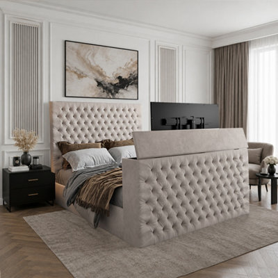  - Ansford Upholstered Soft Velvet Pebble Tv Bed Frame