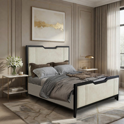  - Chenies Designer Metal Frame Upholstered Black & Cream Bed Frame