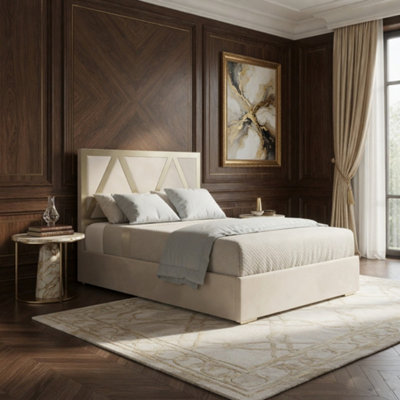  - Exbourne Upholstered Soft Velvet Beige Metal Designer Bed Frame