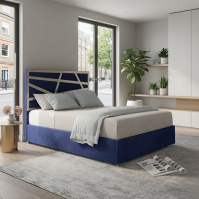  - Frogham Upholstered Soft Velvet Blue Metal Designer Bed Frame