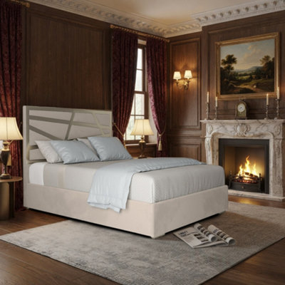  - Frogham Upholstered Soft Velvet Beige Metal Designer Bed Frame