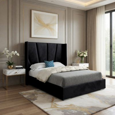  - Godmanchester Wide Curved Black Soft Velvet Designer Bed Frame