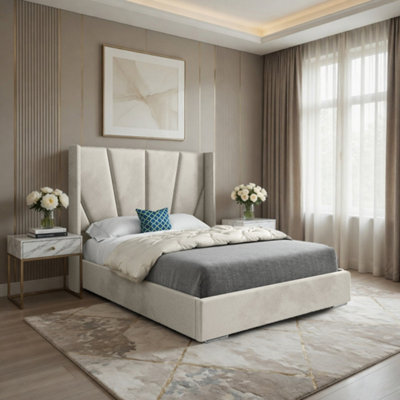  - Godmanchester Wide Curved Beige Soft Velvet Designer Bed Frame