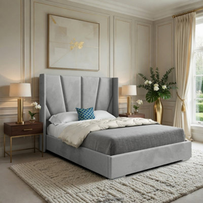  - Godmanchester Wide Curved Grey Soft Velvet Designer Bed Frame