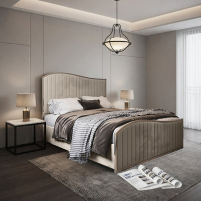  - Idbury Upholstered Soft Velvet Beige Metal Designer Bed Frame