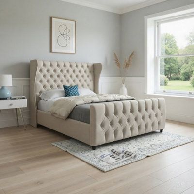  - Kilburn Straight Upholstered Beige Soft Velvet Designer Bed Frame