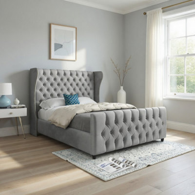  - Kilburn Straight Upholstered Grey Soft Velvet Designer Bed Frame