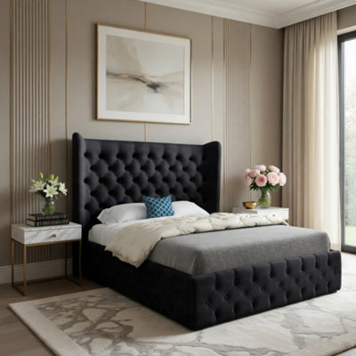  - Leigh Wide Winged Upholstered Black Soft Velvet Designer Bed Frame