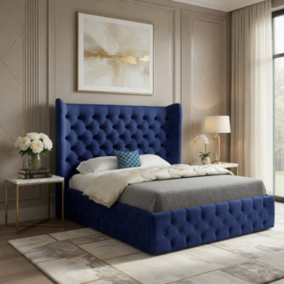  - Leigh Wide Winged Upholstered Blue Soft Velvet Designer Bed Frame