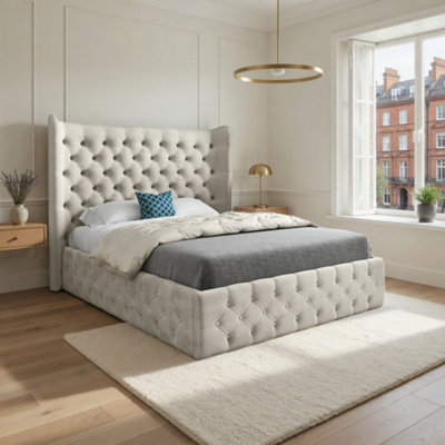  - Leigh Wide Winged Upholstered Beige Soft Velvet Designer Bed Frame