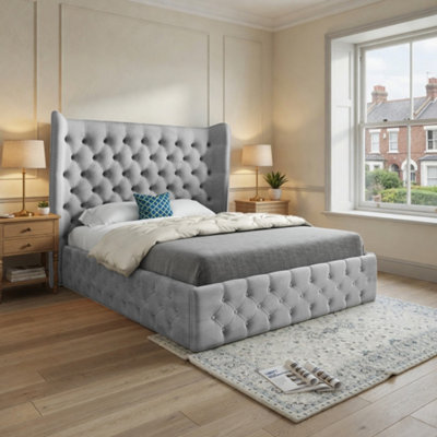  - Leigh Wide Winged Upholstered Grey Soft Velvet Designer Bed Frame