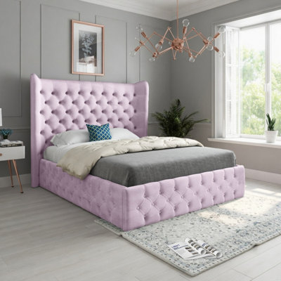  - Leigh Wide Winged Upholstered Pink Soft Velvet Designer Bed Frame