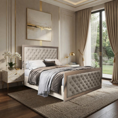  - Minsmere Upholstered Soft Velvet Beige Metal Designer Bed Frame