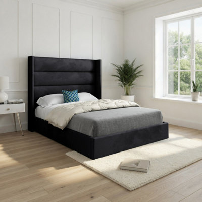 - Shireshead Winged Upholstered Black Soft Velvet Designer Bed Frame