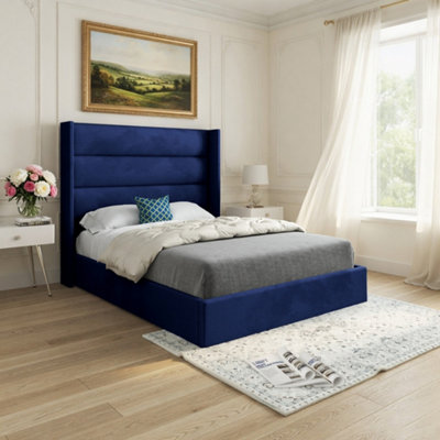  - Shireshead Winged Upholstered Blue Soft Velvet Designer Bed Frame