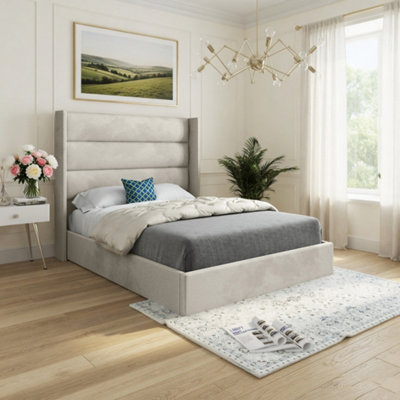  - Shireshead Winged Upholstered Beige Soft Velvet Designer Bed Frame