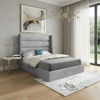 - Shireshead Winged Upholstered Grey Soft Velvet Designer Bed Frame