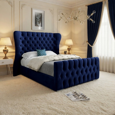  - Zelah Wide Curved Blue Soft Velvet Designer Bed Frame
