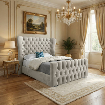  - Zelah Wide Curved Beige Soft Velvet Designer Bed Frame
