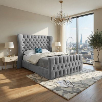  - Zelah Wide Curved Grey Soft Velvet Designer Bed Frame