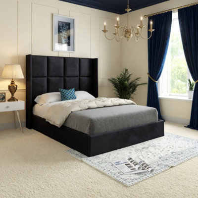  - Stambourne Winged Upholstered Black Soft Velvet Designer Bed Frame