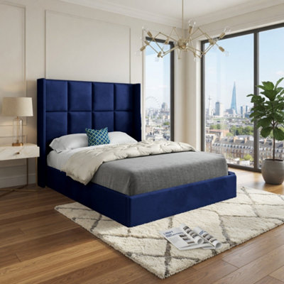  - Stambourne Winged Upholstered Blue Soft Velvet Designer Bed Frame