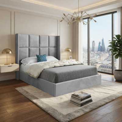  - Stambourne Winged Upholstered Grey Soft Velvet Designer Bed Frame