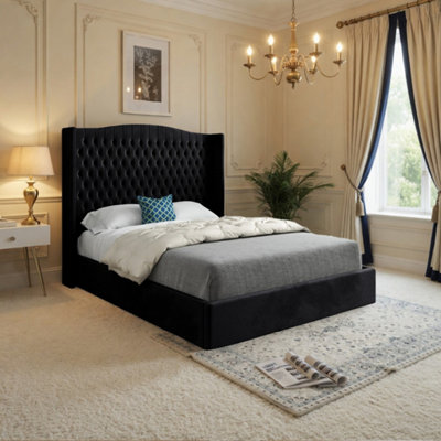 Stonegrave Winged Upholstered Black Soft Velvet Designer Bed Frame from B&Q