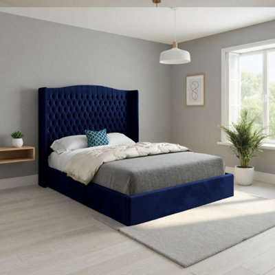  - Stonegrave Winged Upholstered Blue Soft Velvet Designer Bed Frame