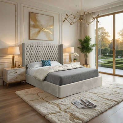  - Stonegrave Winged Upholstered Beige Soft Velvet Designer Bed Frame