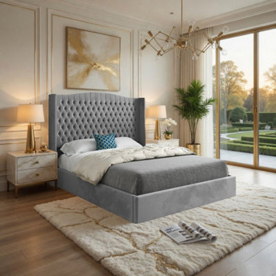 Stonegrave Winged Upholstered Grey Soft Velvet Designer Bed Frame from B&Q