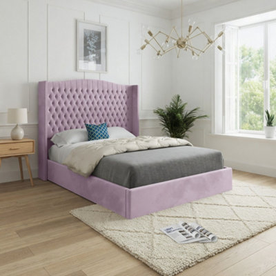  - Stonegrave Winged Upholstered Pink Soft Velvet Designer Bed Frame