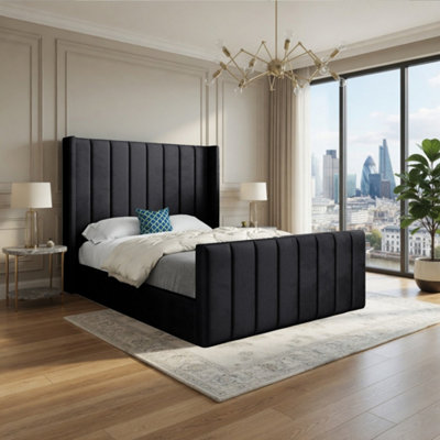 Sturminster Winged Upholstered Black Soft Velvet Designer Bed Frame from B&Q