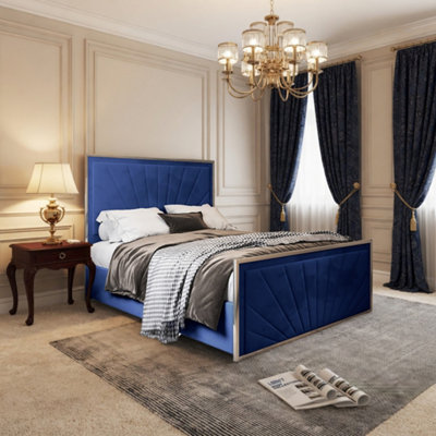  - Waddington Upholstered Soft Velvet Blue Metal Designer Bed Frame