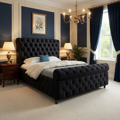  - Wareham Sleigh Upholstered Black Soft Velvet Designer Bed Frame