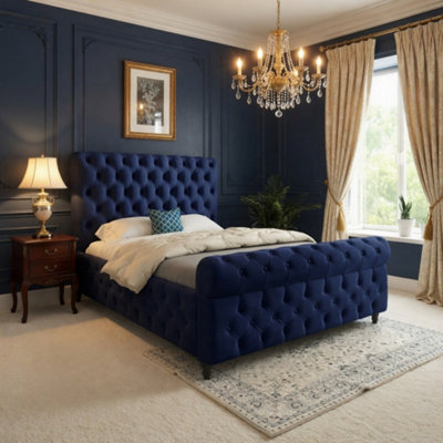  - Wareham Sleigh Upholstered Blue Soft Velvet Designer Bed Frame